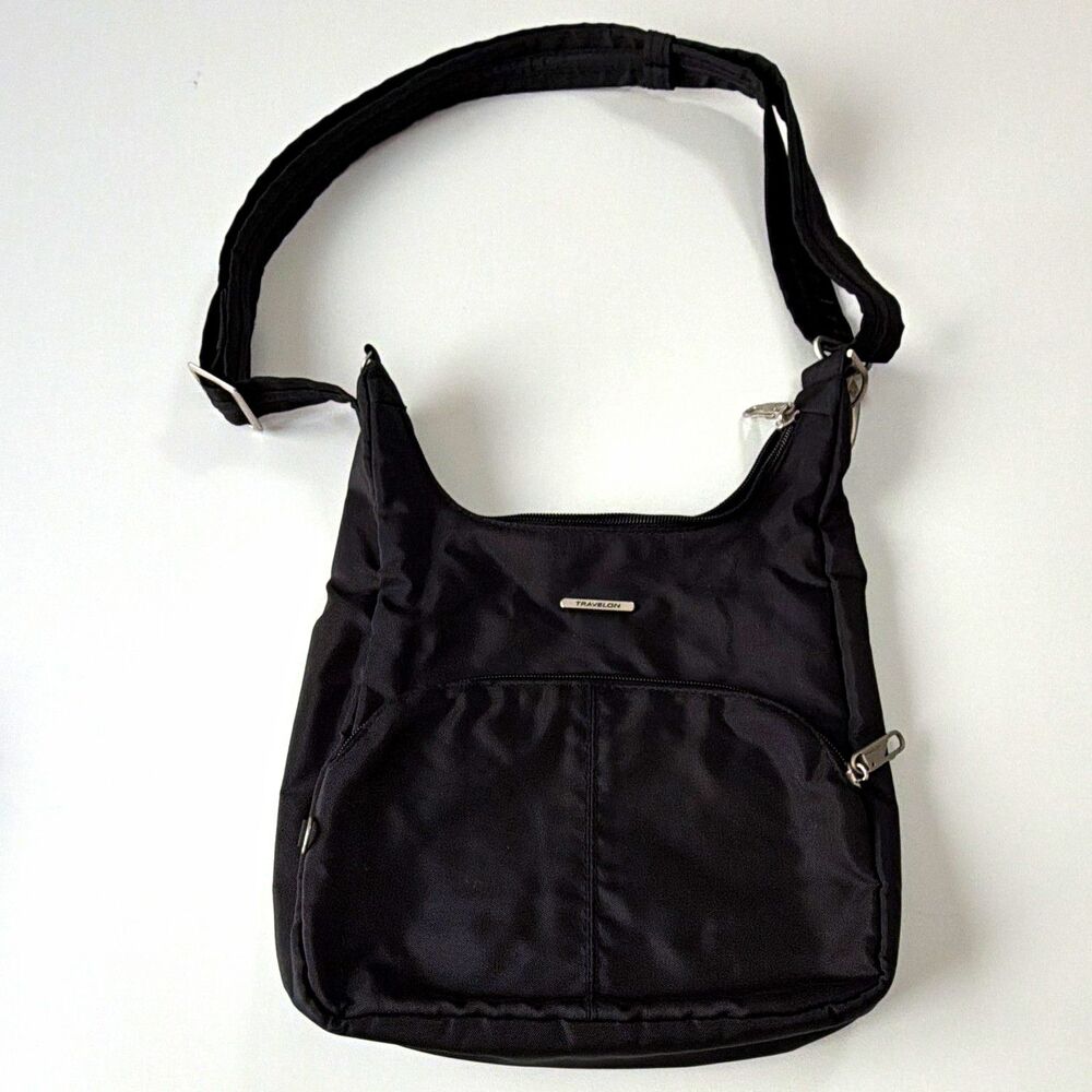 Travelon RFID Black Adjustable Bag Zip Closure Inner/Outer Pockets Blue Lining